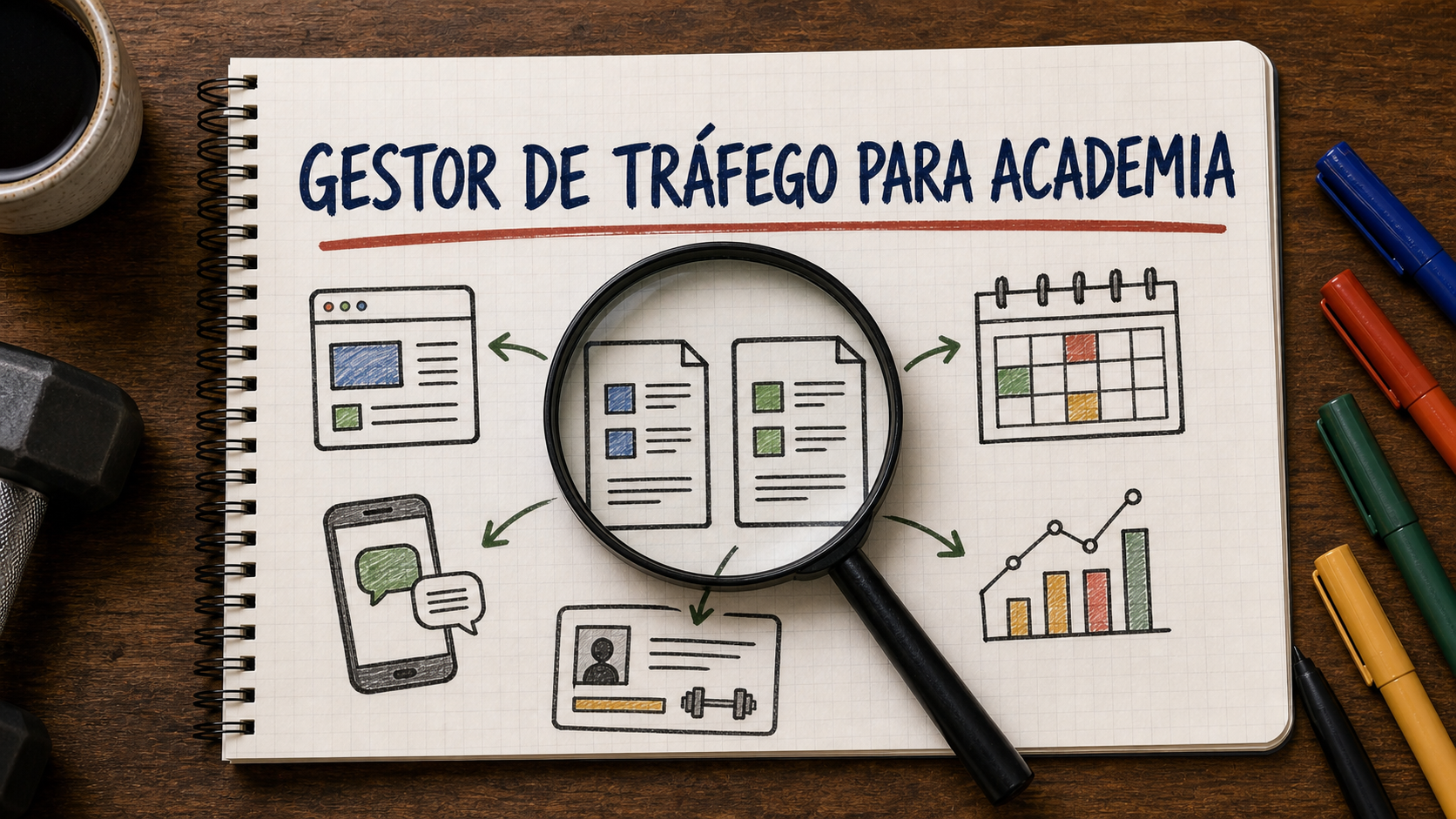 Caderno com guia visual sobre gestor de tráfego para academia para gestores de academias