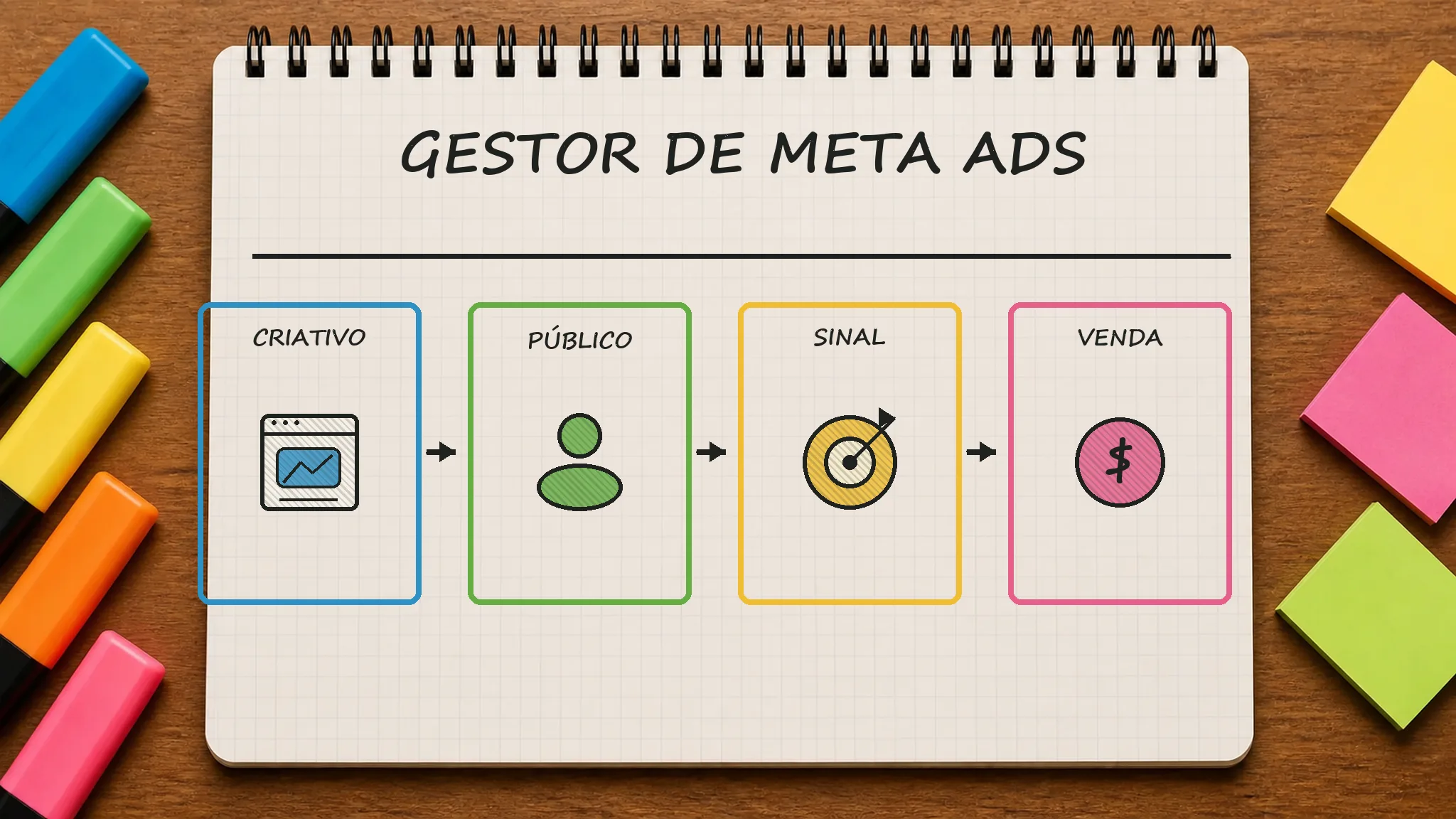 Caderno ilustrado sobre gestor de Meta Ads, mostrando criativo, público, sinal, venda