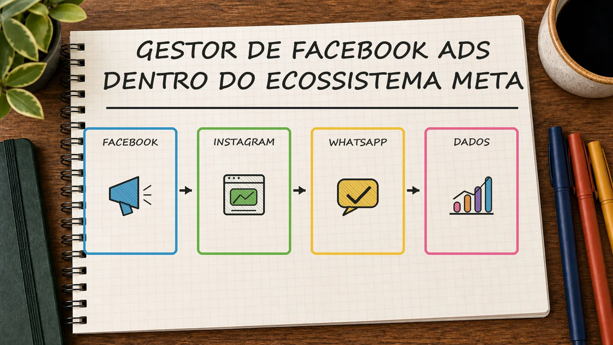 Caderno ilustrado sobre gestor de Facebook Ads, mostrando facebook, instagram, whatsapp, dados