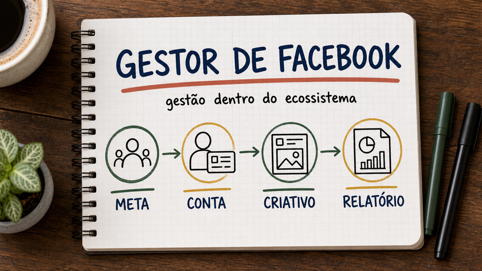 Caderno ilustrado sobre gestor de tráfego para Facebook, com etapas de campanha, atendimento e venda