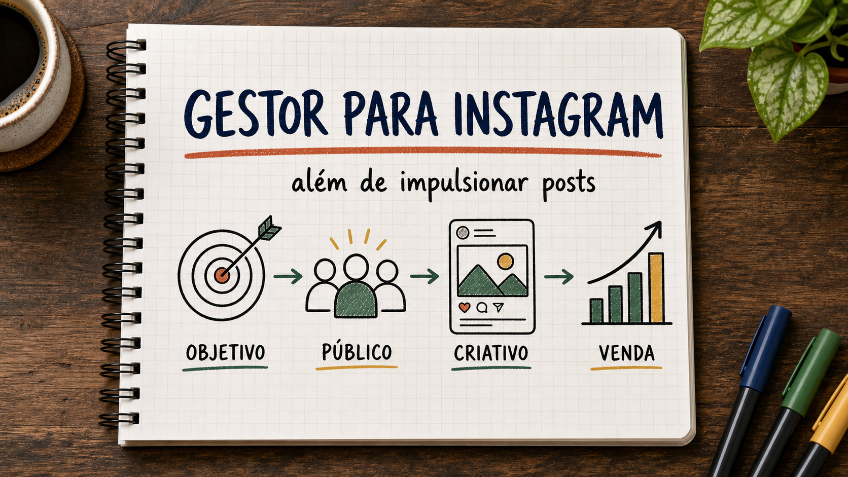 Caderno ilustrado sobre gestor de tráfego para Instagram, com etapas de campanha, atendimento e venda