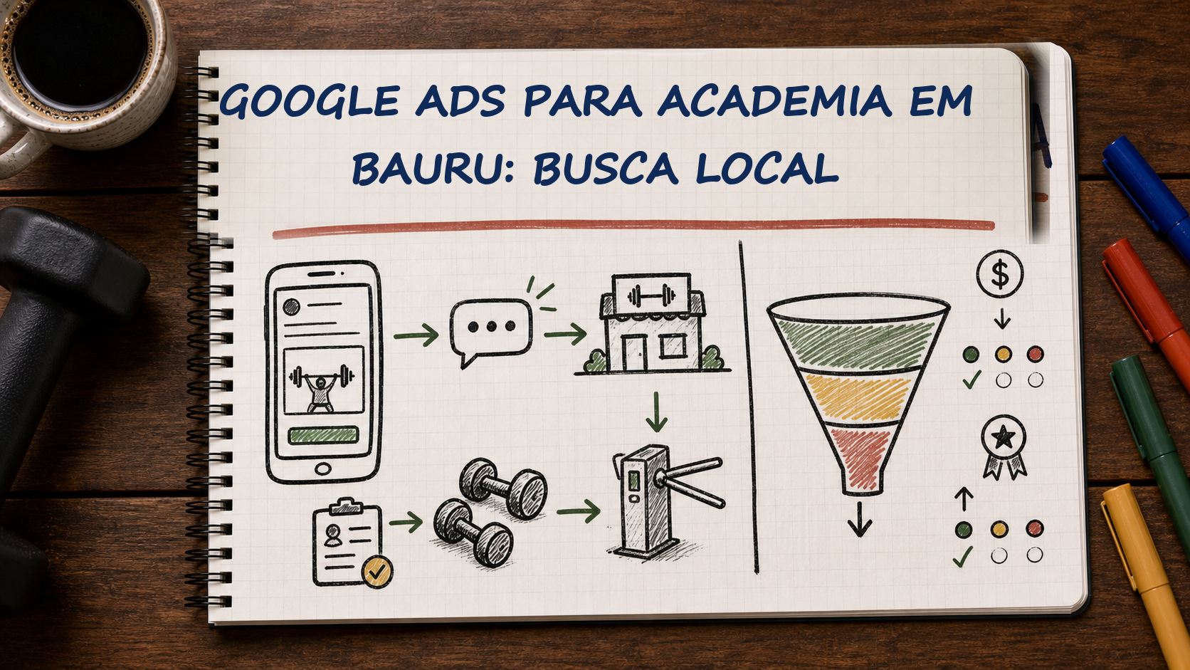 Caderno com guia visual sobre Google Ads academia Bauru para gestores de academias