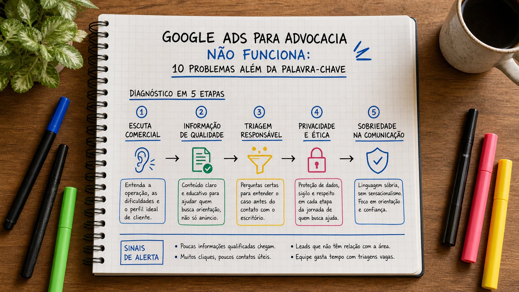 Infográfico sobre Google Ads advocacia não funciona aplicado a escritórios de advocacia.