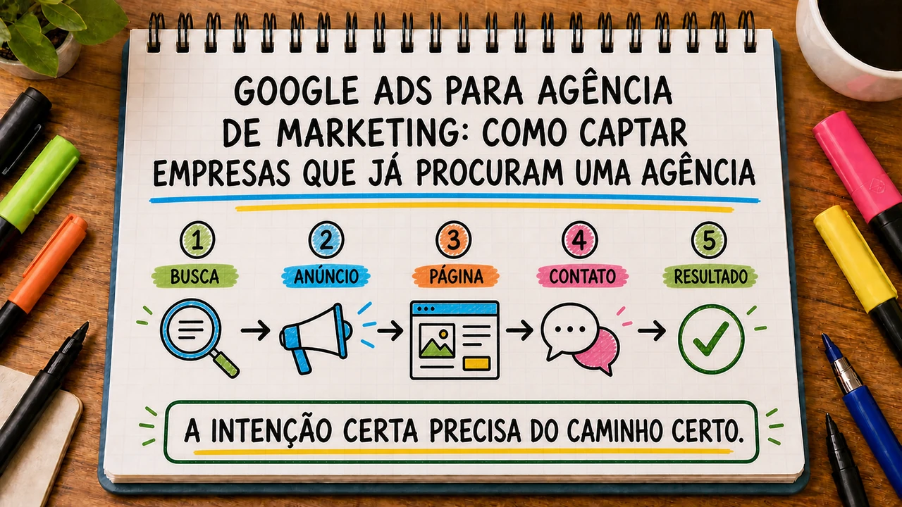Composição editorial sobre google ads para agência de marketing conectando campanha, atendimento e resultado