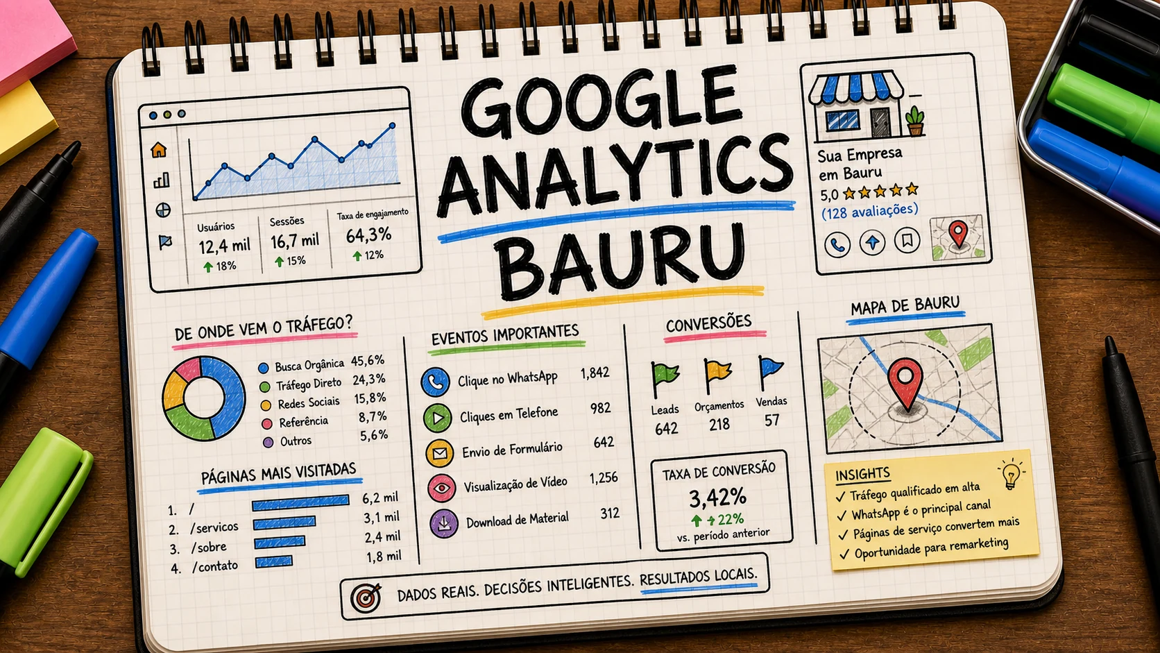 Google Analytics em Bauru mostrando origem de tráfego, eventos e conversões locais