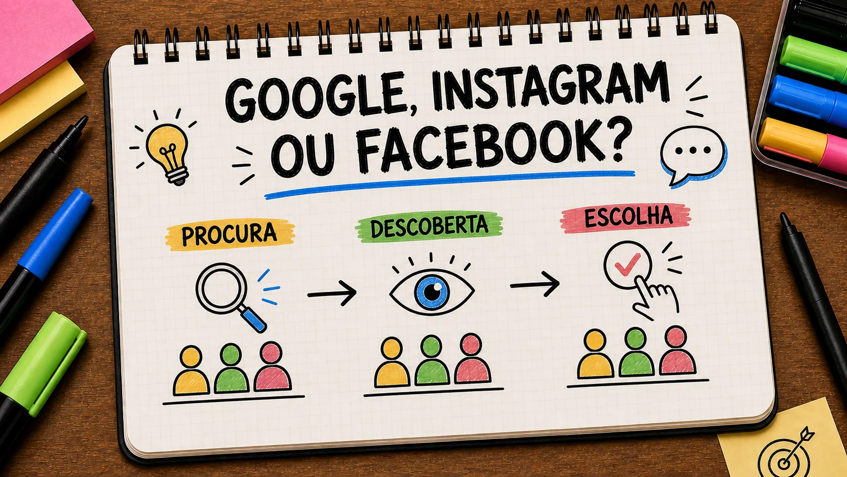 Google Instagram ou Facebook para empresa representado como caminho entre anúncio, contato e