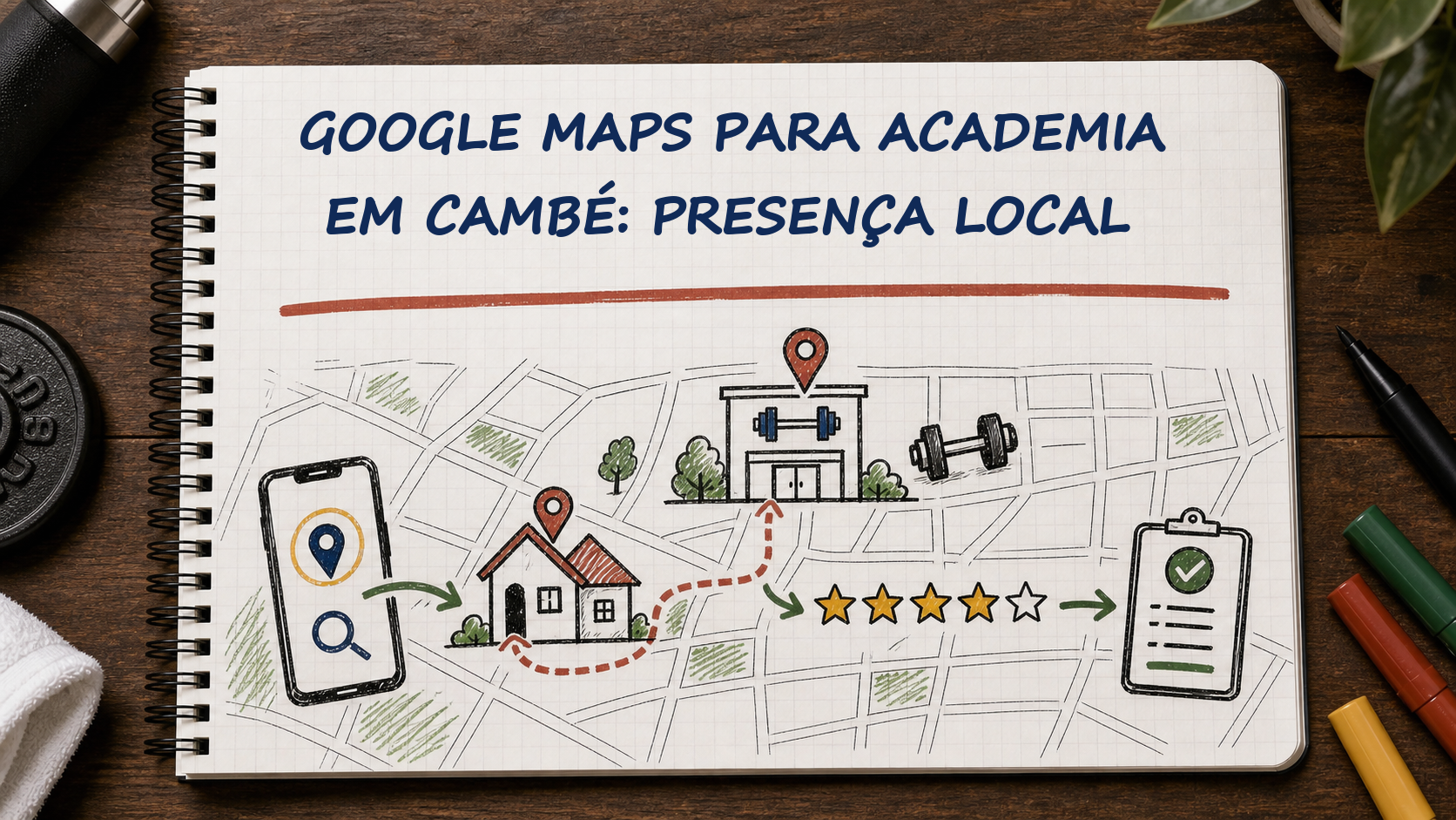 Caderno com guia visual sobre Google Maps academia Cambé para gestores de academias
