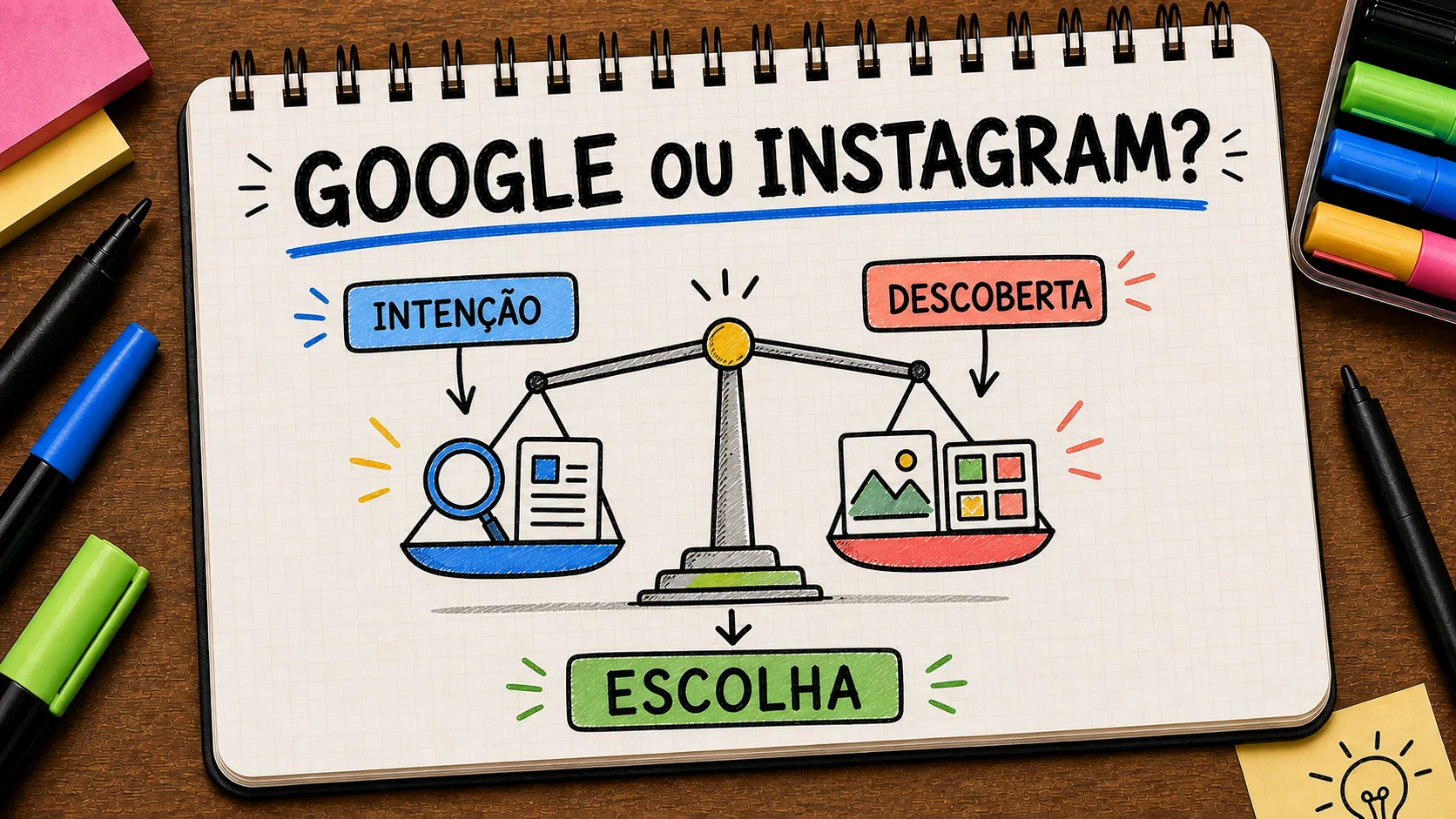 Google ou Instagram para anunciar representado como caminho entre anúncio, contato e