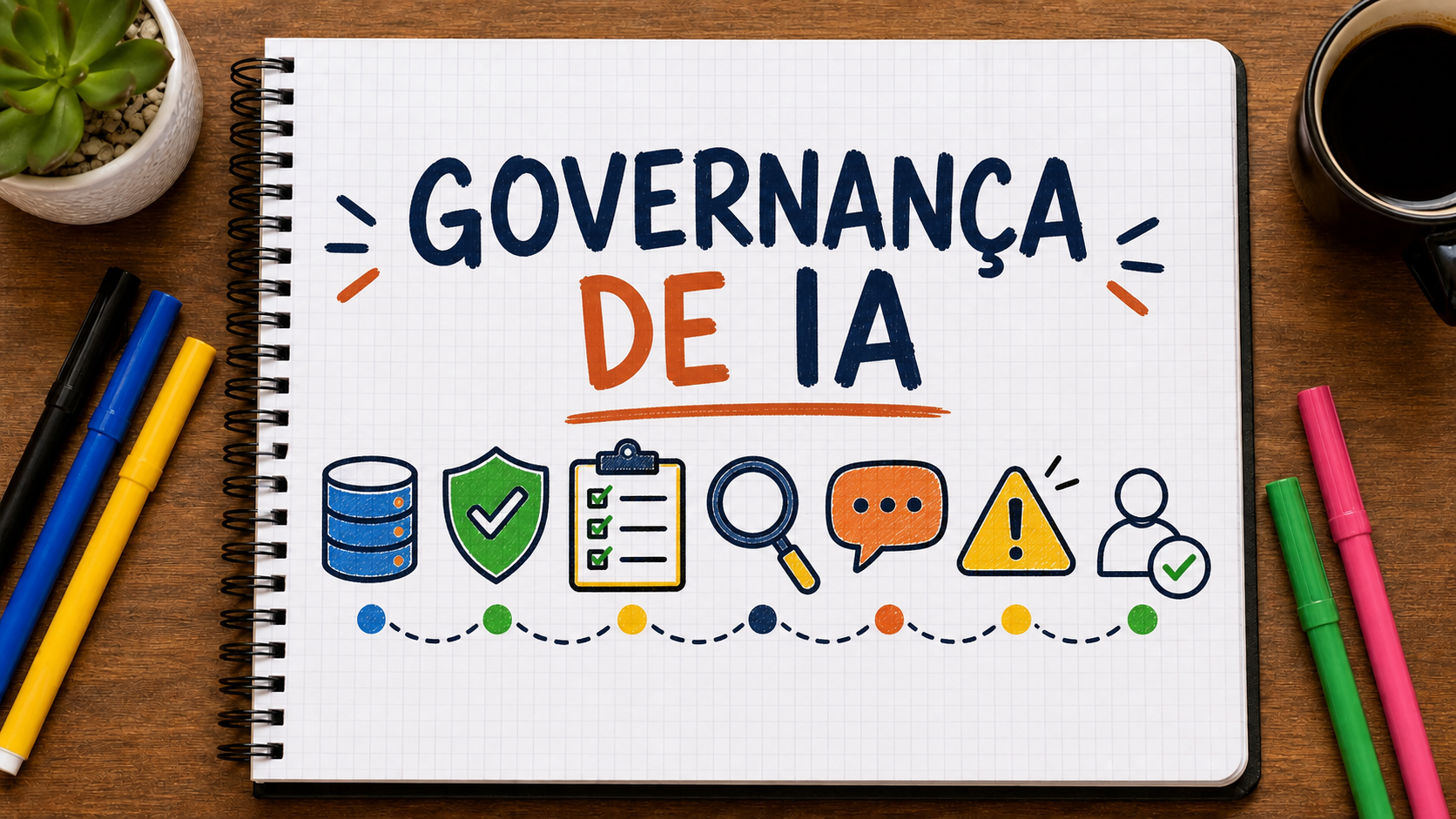 Ilustração editorial sobre governança de inteligência artificial aplicada a empresas