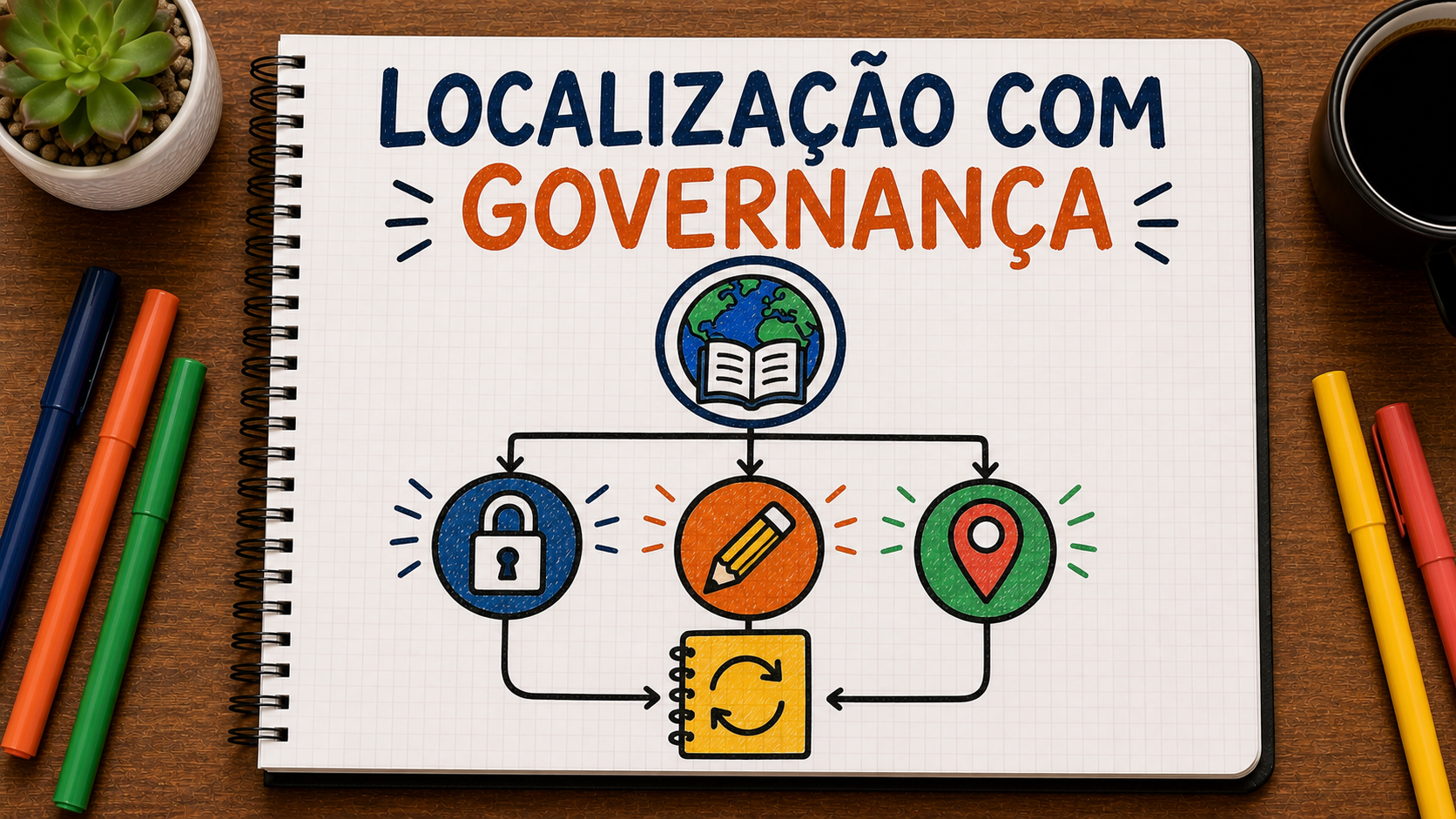 Caderno ilustrado sobre governança da localização de conteúdo, mostrando global, adaptável, local, memória