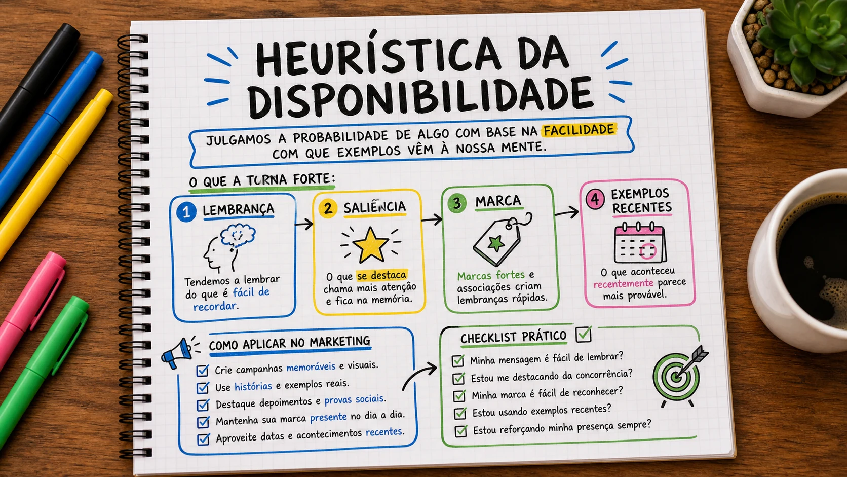 Heurística da disponibilidade marketing em uma cena editorial sobre decisão, mensagem e comportamento de compra.