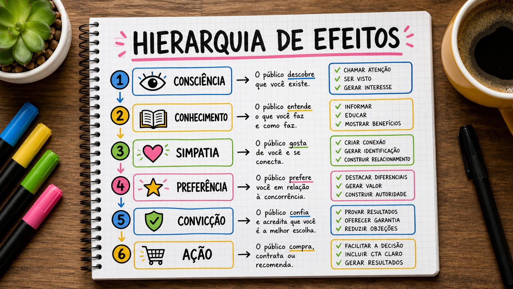 Hierarquia de efeitos Lavidge Steiner em uma cena editorial sobre decisão, mensagem e comportamento de compra.