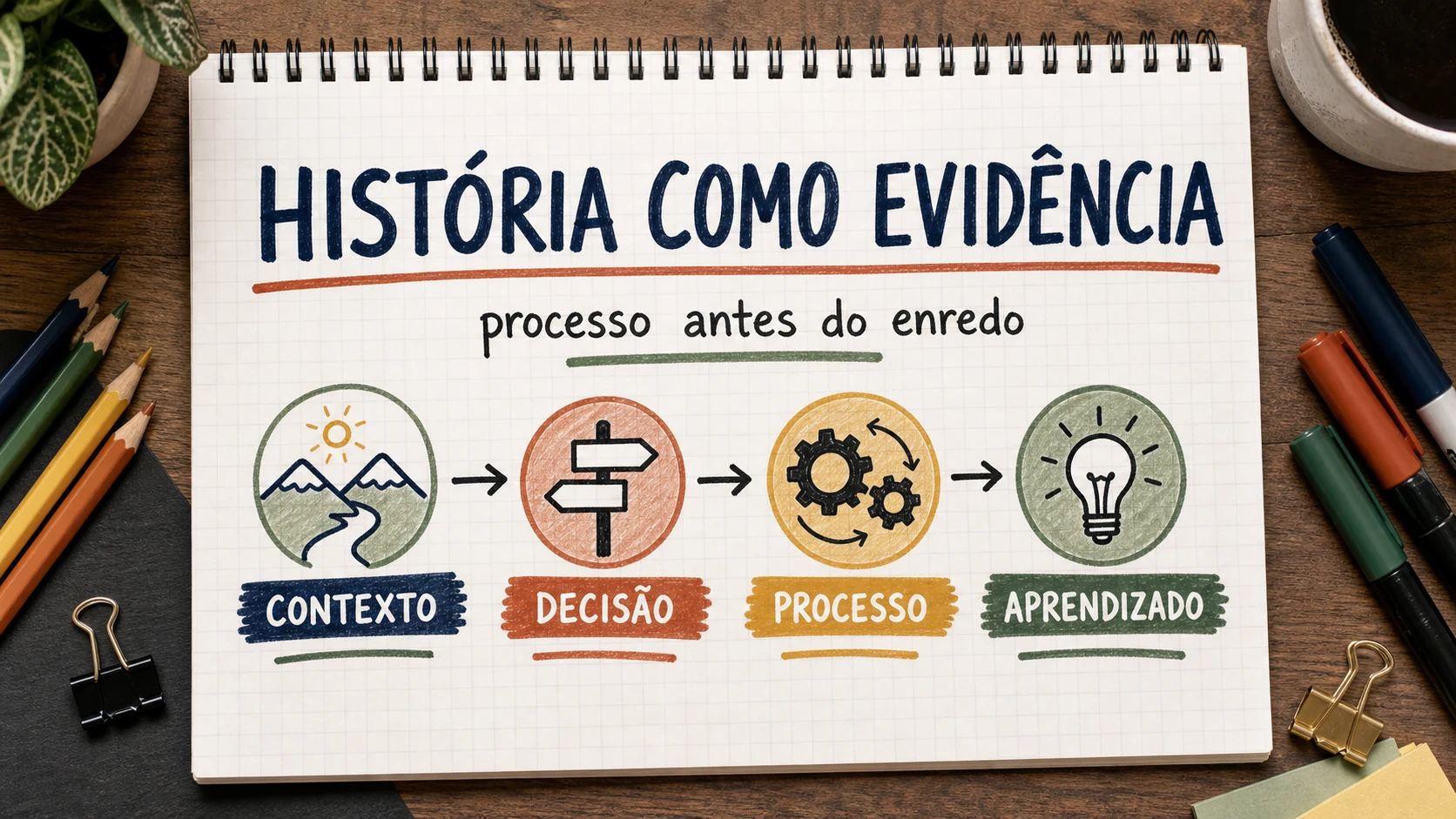 Caderno ilustrado mostrando contexto, decisão, processo e aprendizado em uma história de projeto.