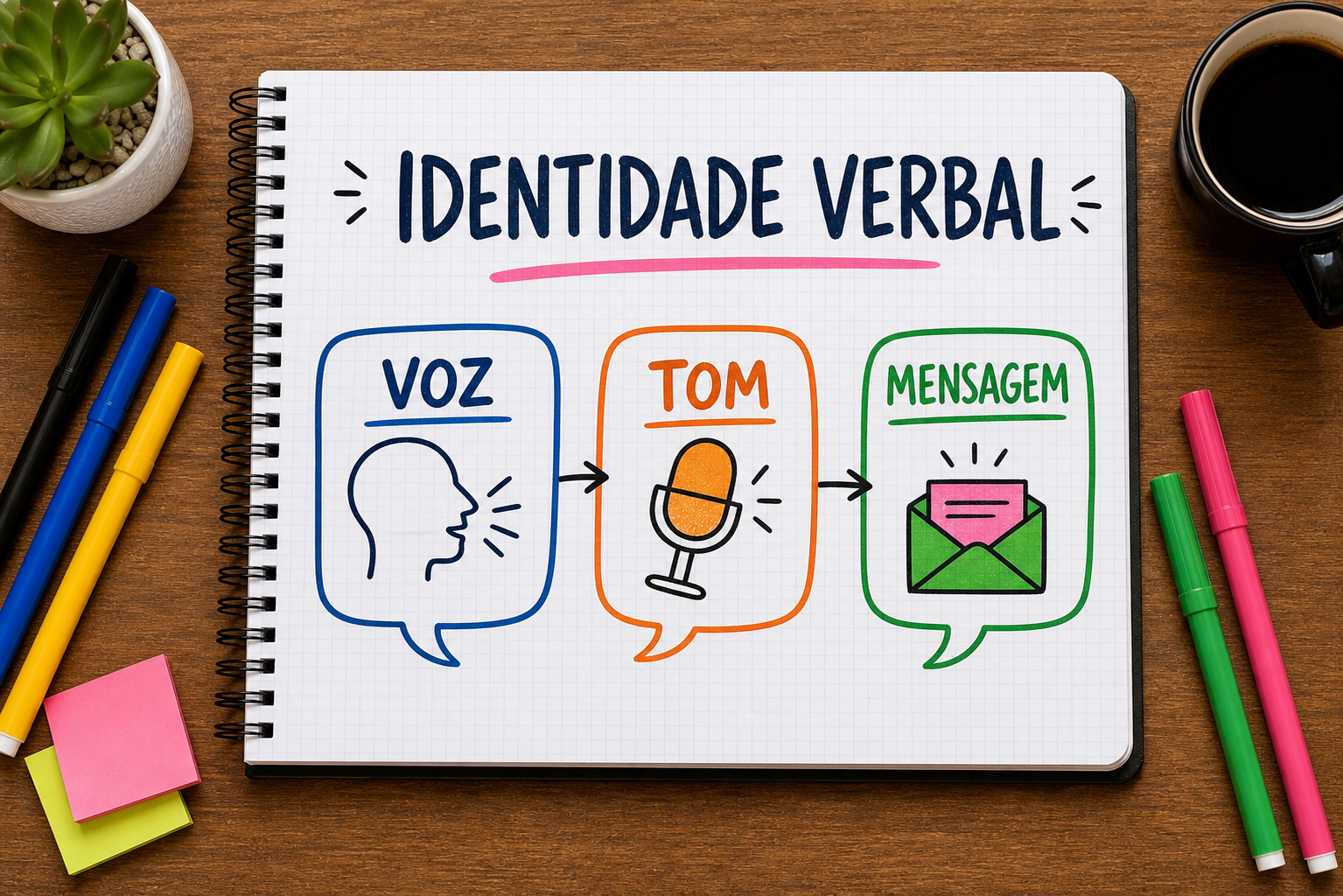 Identidade verbal definindo voz, mensagens e vocabulário reconhecível da marca