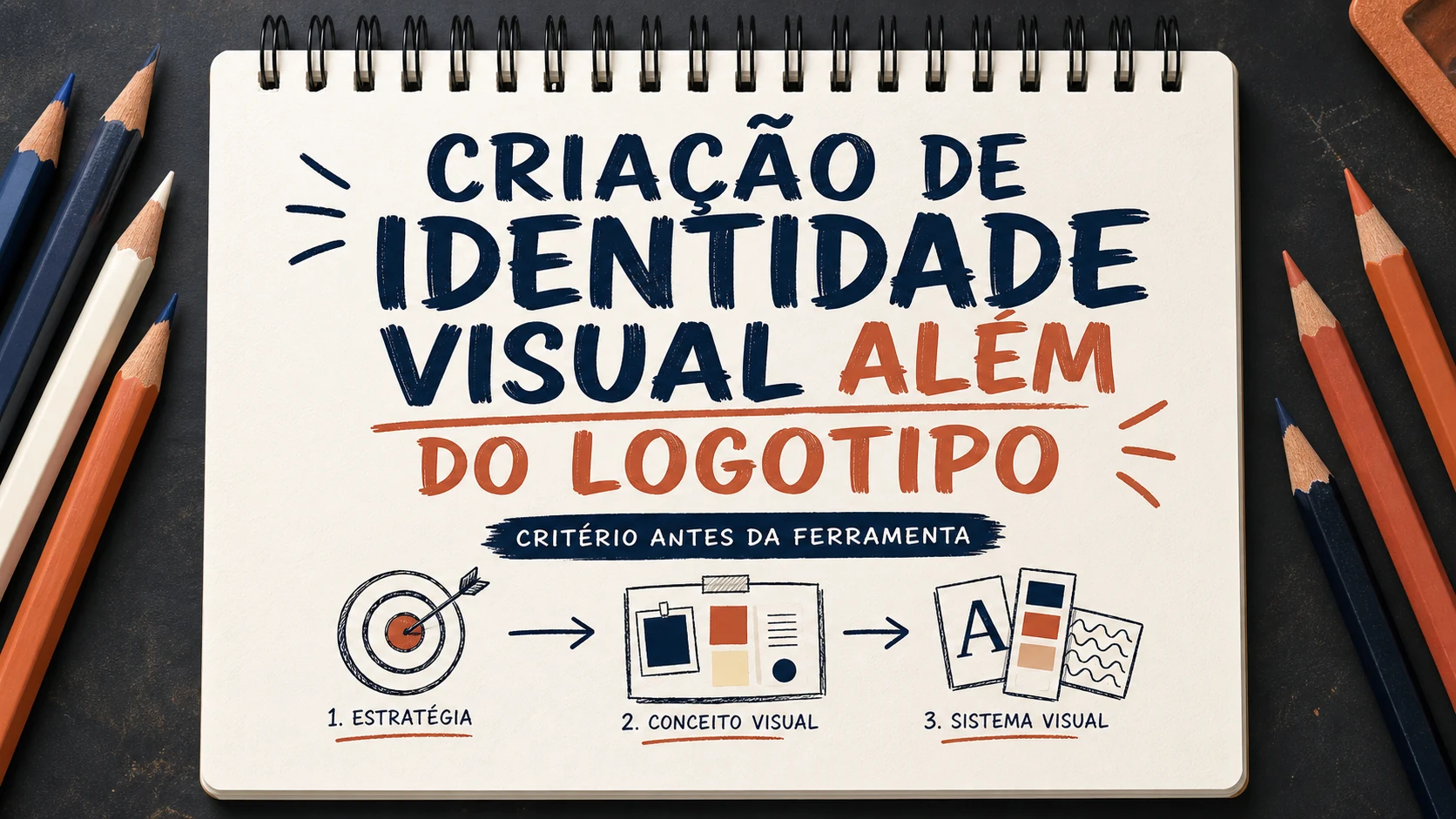Criação de identidade visual organizado em uma capa editorial com critérios, canais e próximos passos.
