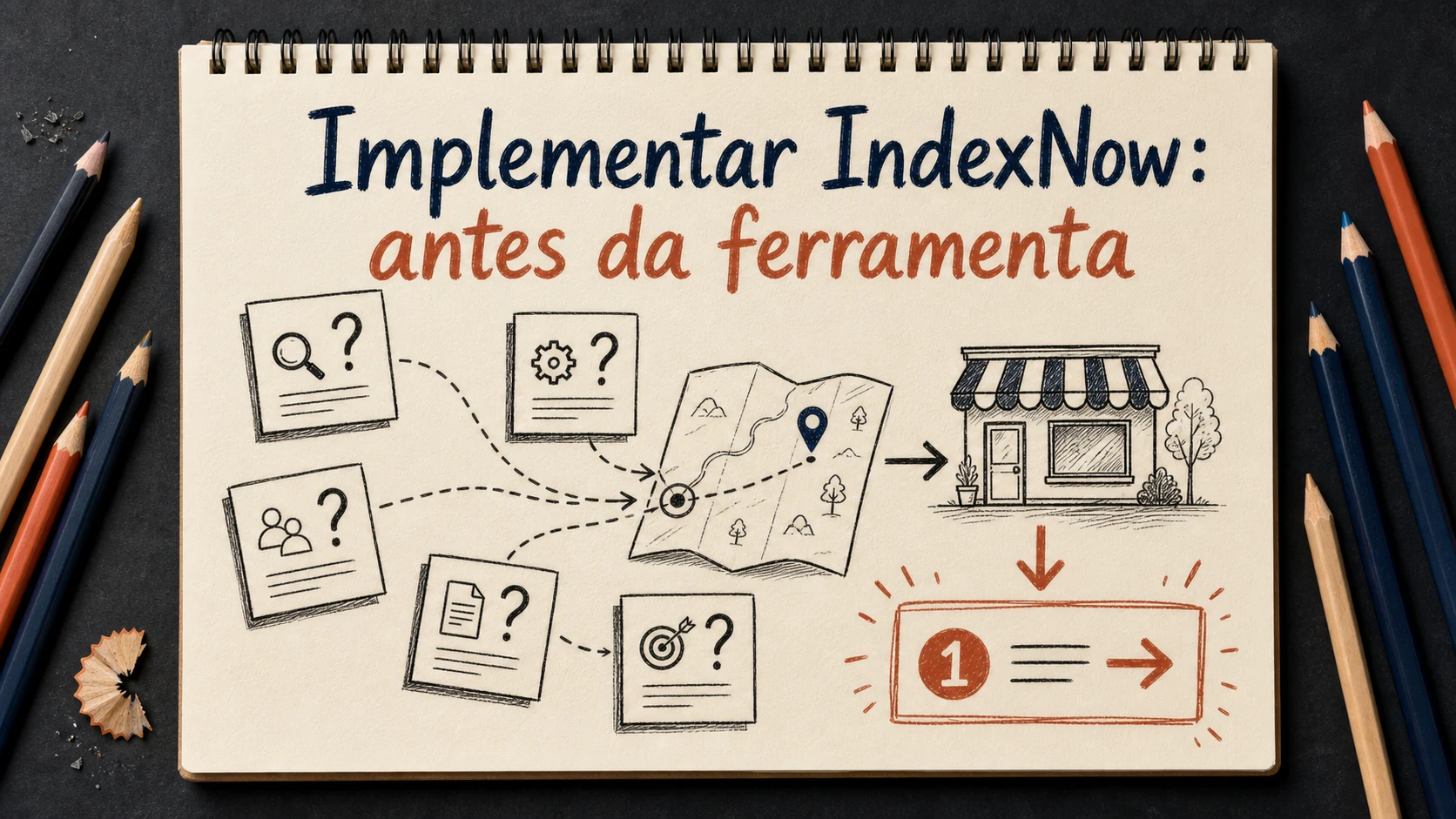 Implementar IndexNow em uma cena editorial sobre diagnóstico, escolha e próximos passos.
