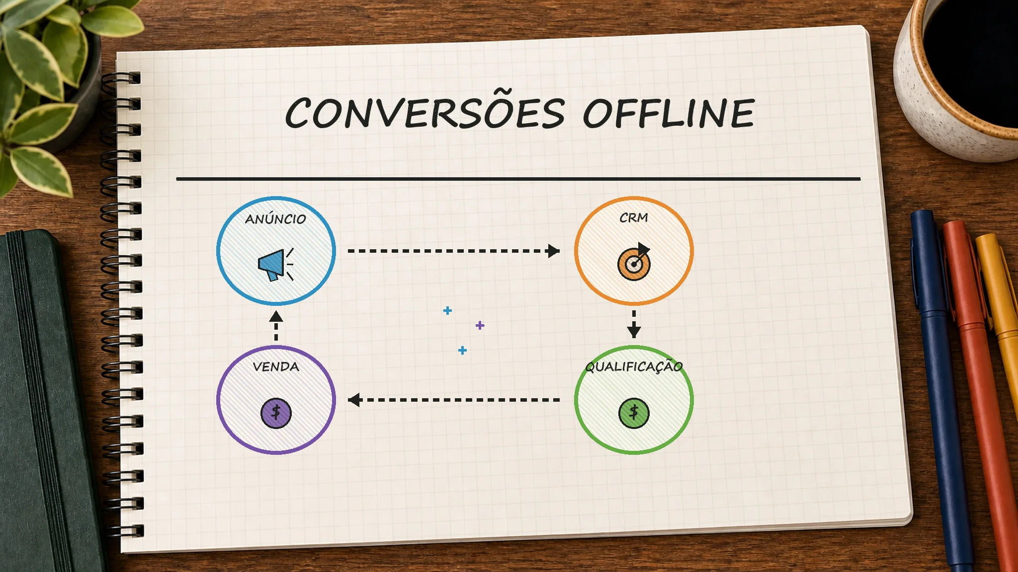 Caderno ilustrado sobre conversões offline tráfego pago, mostrando anúncio, crm, qualificação, venda