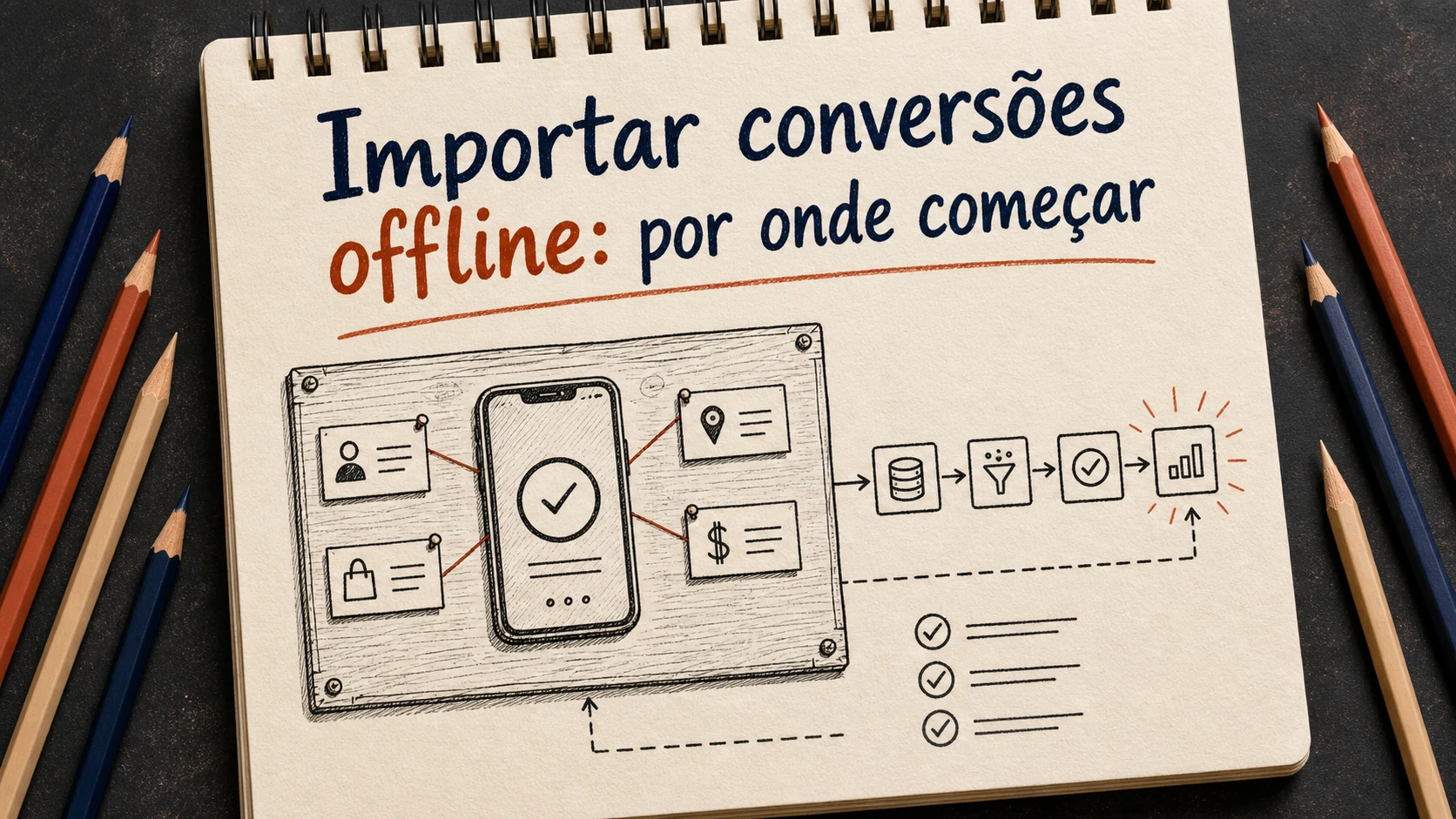 Importar conversões offline em uma cena editorial sobre diagnóstico, escolha e próximos passos.