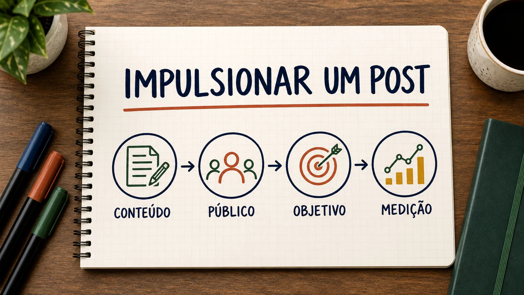 Caderno ilustrado com conteúdo, público, objetivo e medição para impulsionar uma publicação no LinkedIn.