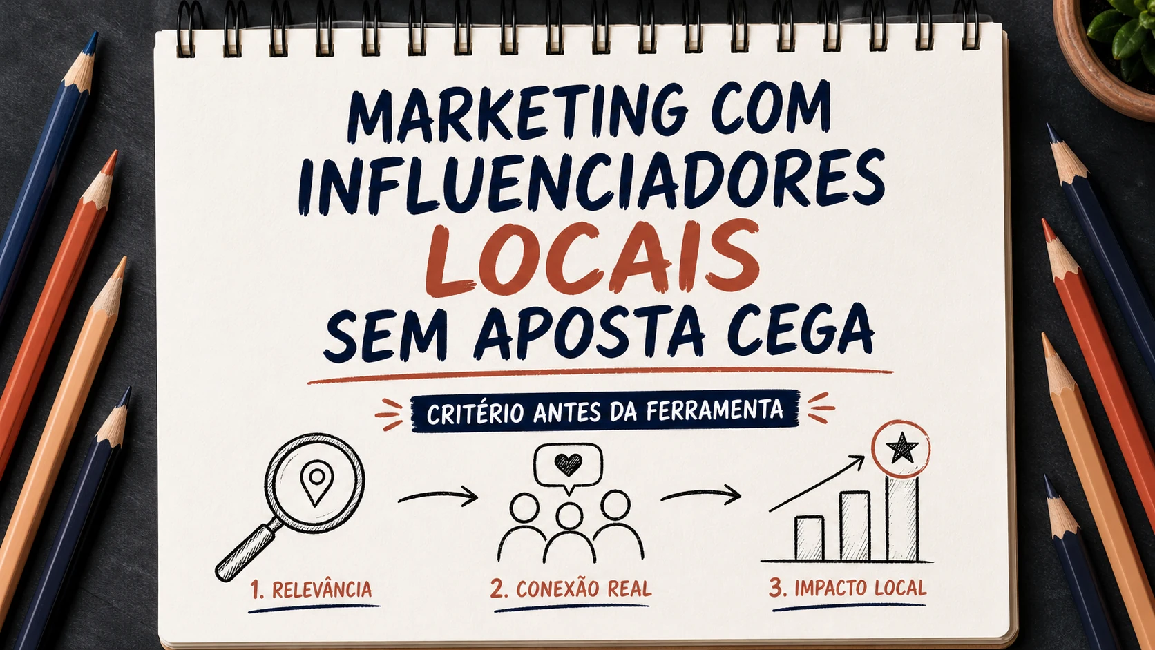 Marketing com influenciadores locais organizado em uma capa editorial com critérios, canais e próximos passos.