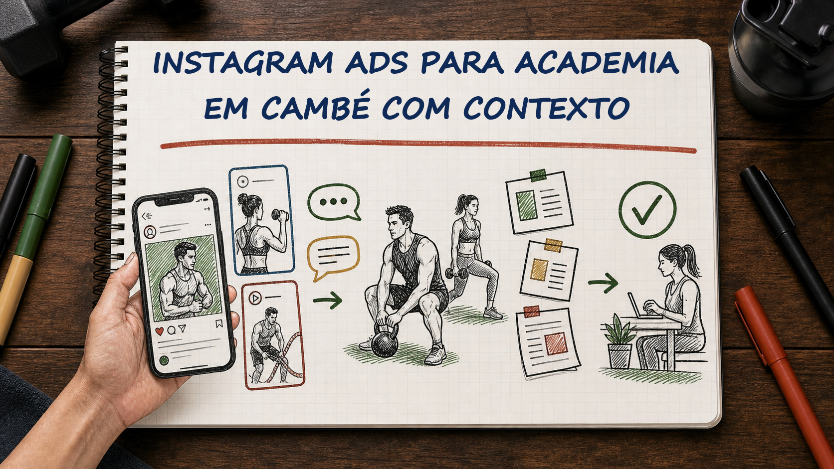 Caderno com guia visual sobre Instagram Ads academia Cambé para gestores de academias