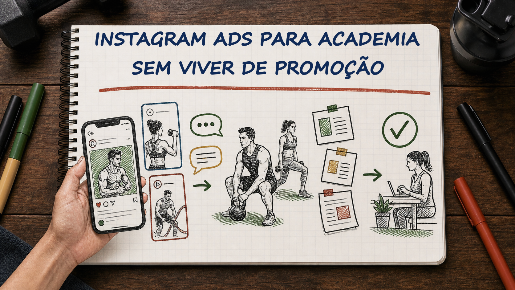 Caderno com guia visual sobre Instagram Ads para academia para gestores de academias