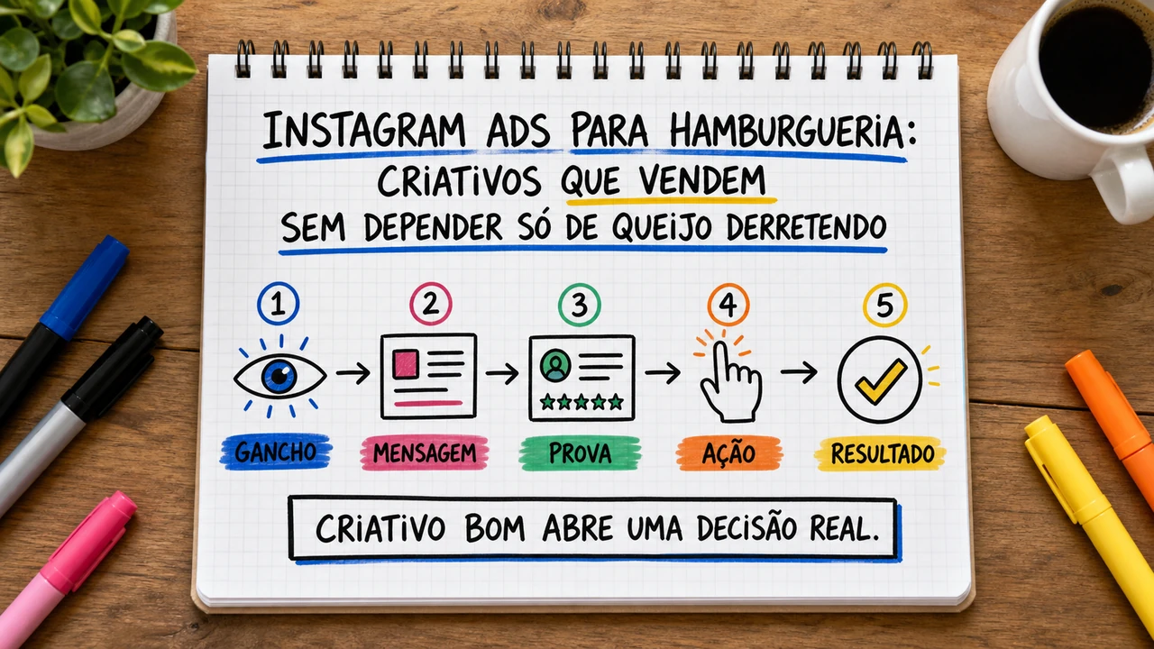 Composição editorial sobre instagram ads para hamburgueria conectando campanha, atendimento e resultado