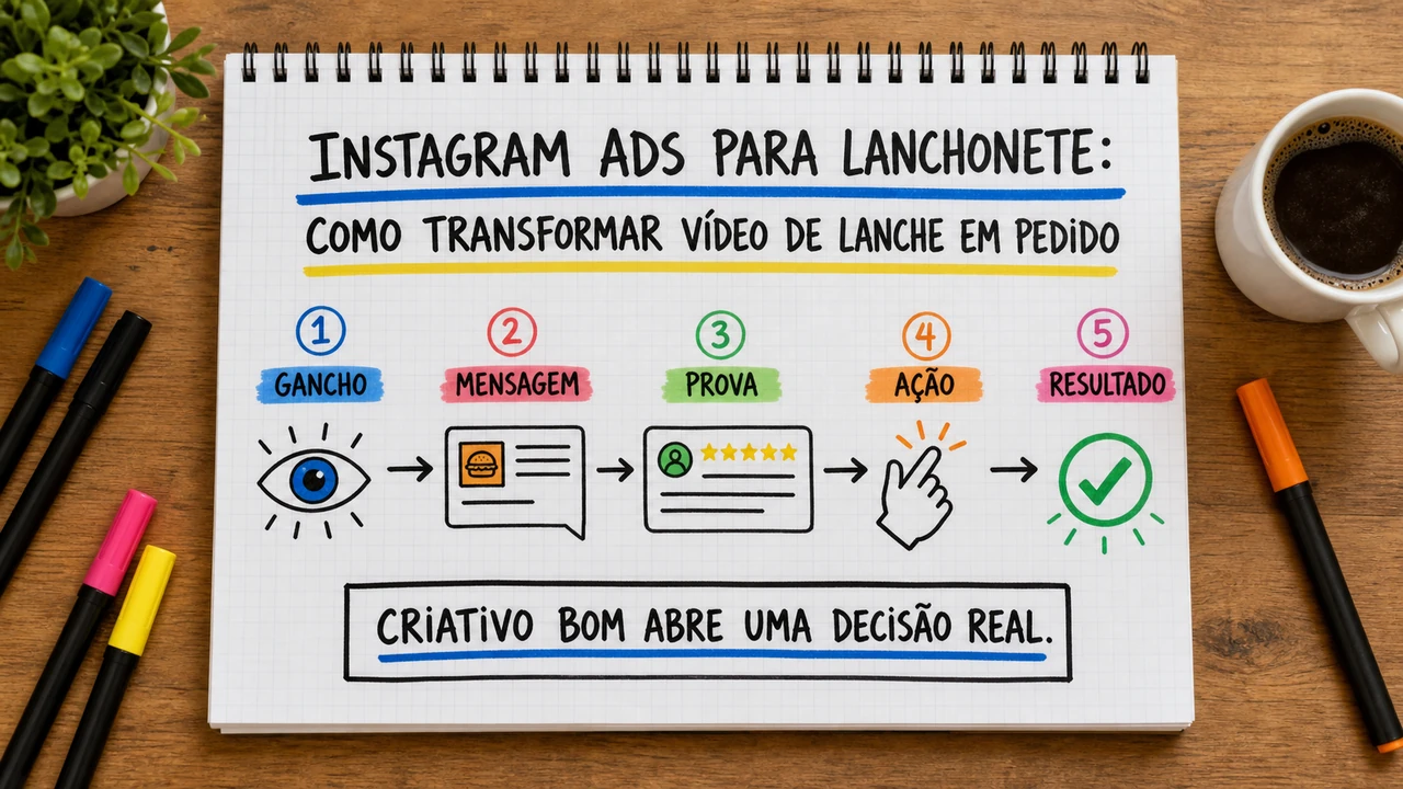 Composição editorial sobre instagram ads para lanchonete conectando campanha, atendimento e resultado