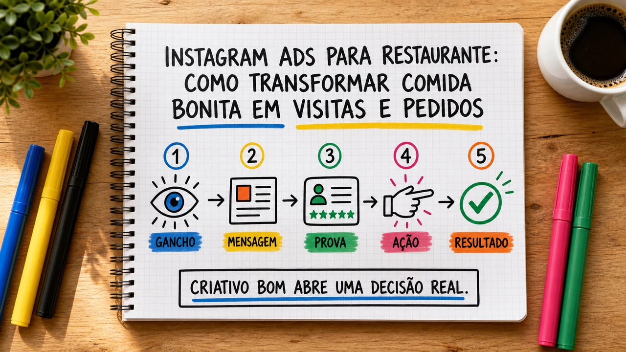 Composição editorial sobre instagram ads para restaurante conectando campanha, atendimento e resultado