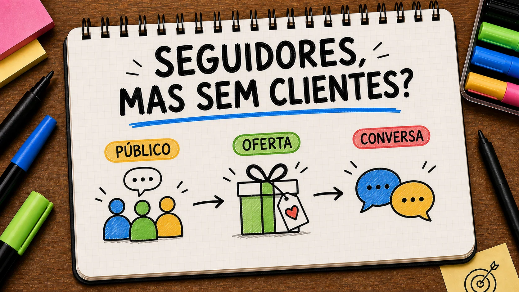 Instagram tem seguidores mas não traz clientes representado como caminho entre anúncio, contato e