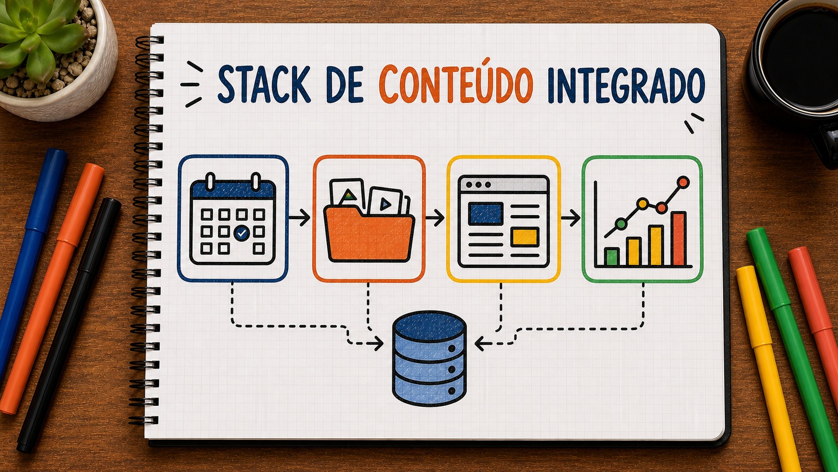 Caderno ilustrado sobre integrar o stack de conteúdo, mostrando pauta, ativo, publicação, dado