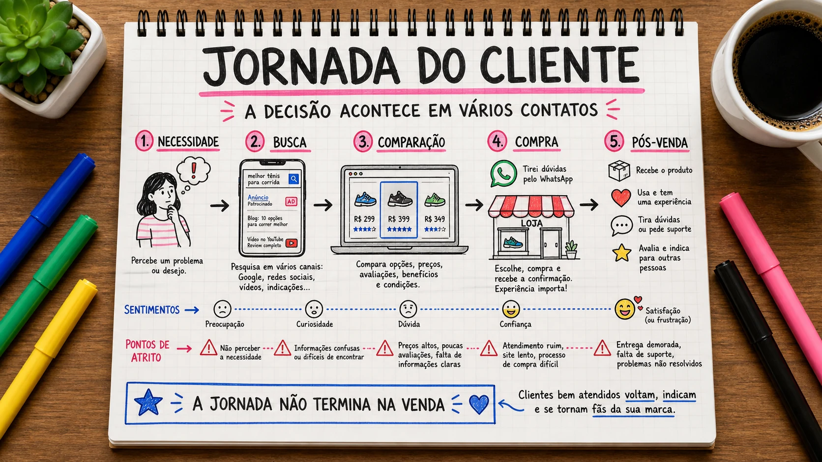 Jornada do cliente representado em uma cena editorial sobre escolha, contexto e decisão.