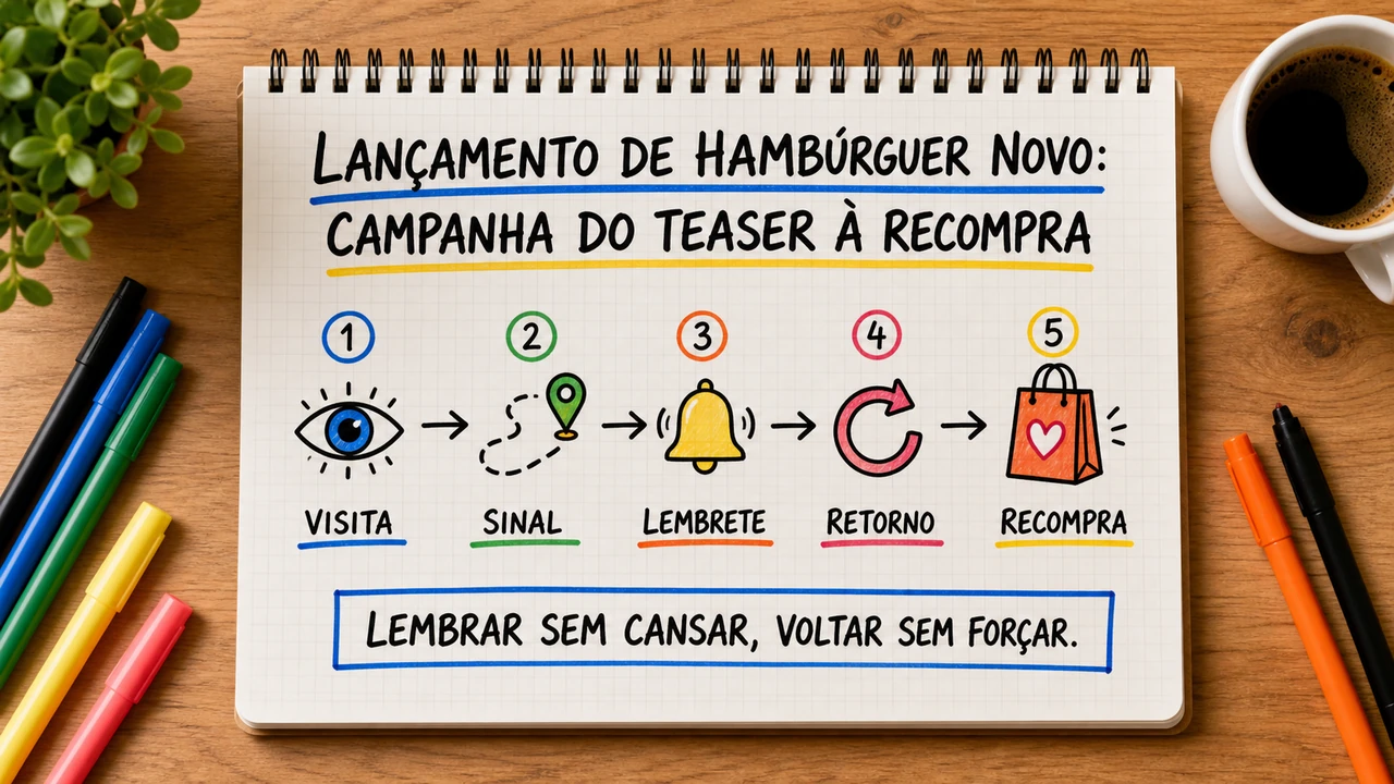 Composição editorial sobre lançamento de hambúrguer novo conectando campanha, atendimento e resultado