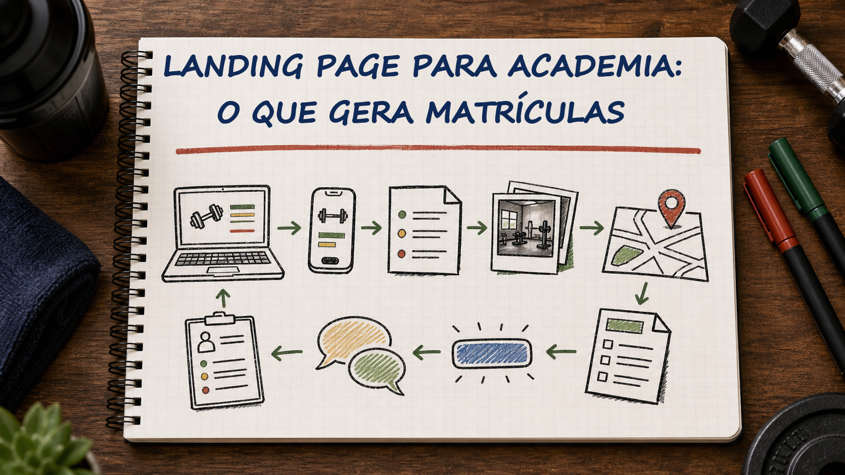 Caderno com guia visual sobre landing page para academia para gestores de academias