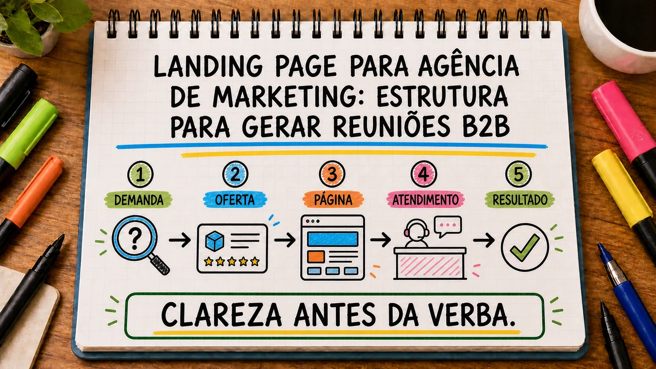 Composição editorial sobre landing page para agência de marketing conectando campanha, atendimento e resultado
