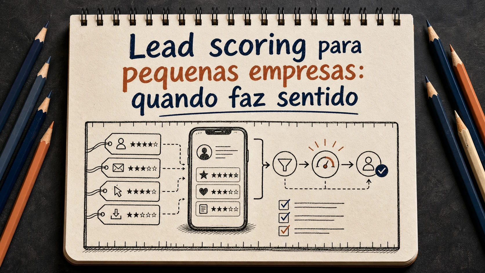Lead scoring para pequenas empresas em uma cena editorial sobre diagnóstico, escolha e próximos passos.