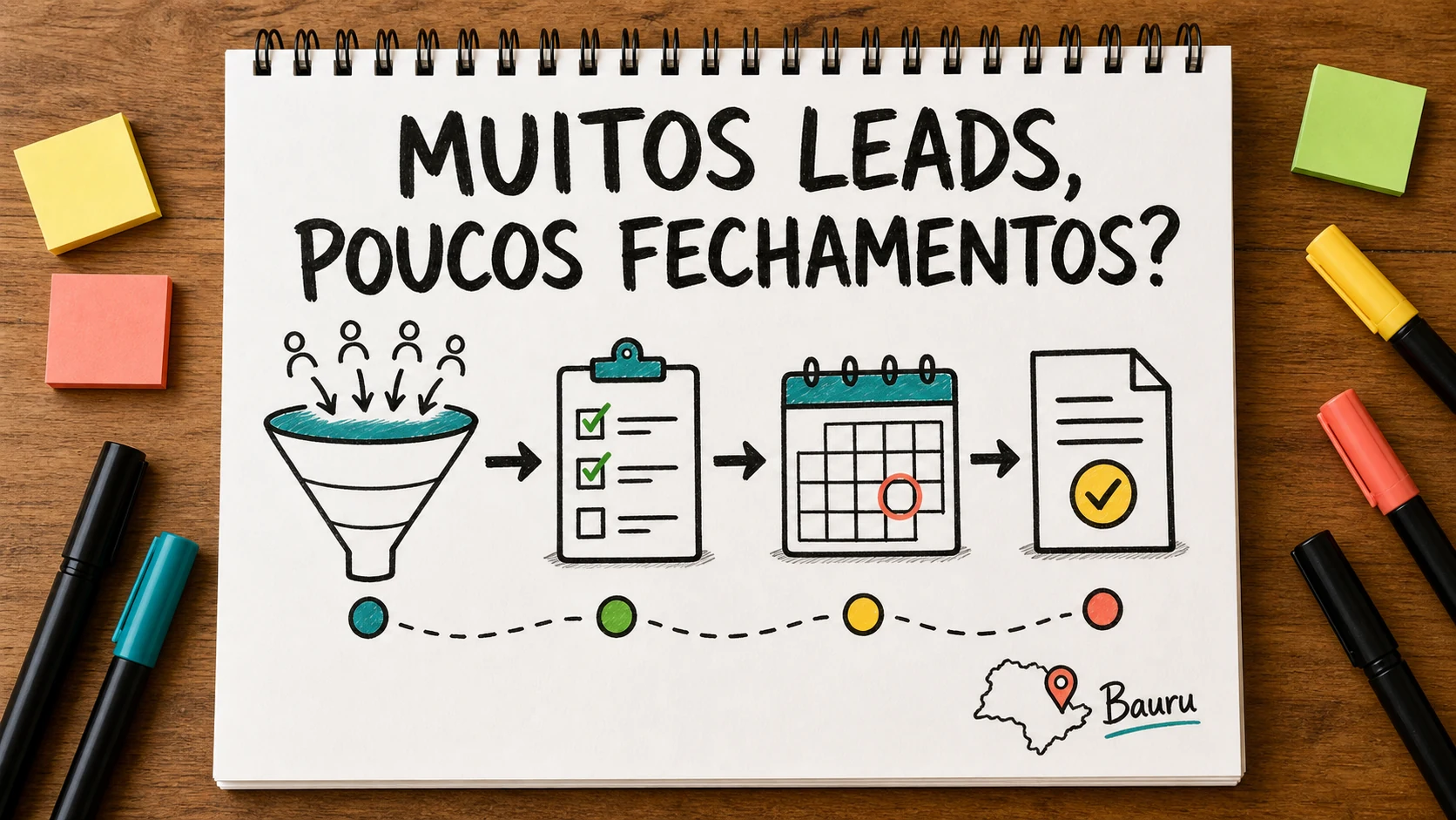 Caderno colorido mostrando um funil interrompido de leads de corretora