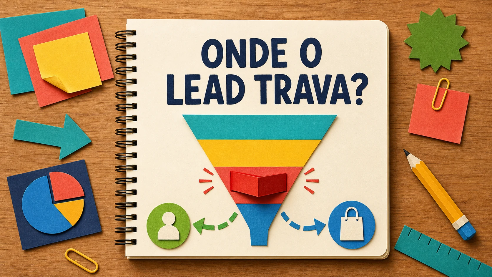 Caderno colorido mostrando um funil interrompido de leads de corretora