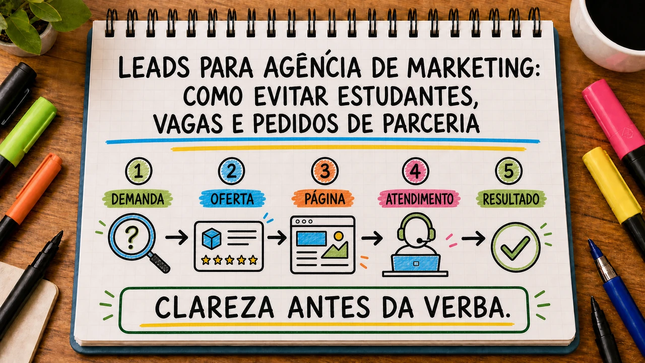 Composição editorial sobre leads para agência de marketing conectando campanha, atendimento e resultado