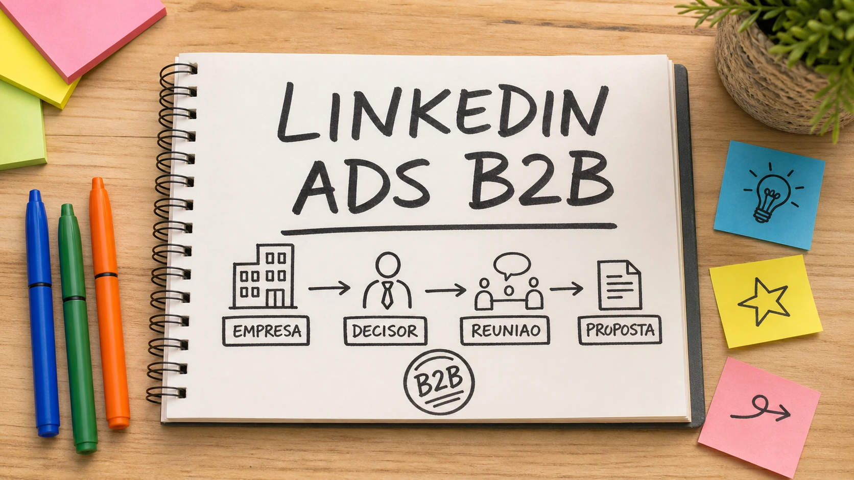 Caderno com desenho de decisores e campanha LinkedIn Ads para B2B