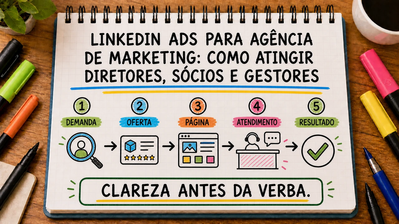 Composição editorial sobre linkedin ads para agência de marketing conectando campanha, atendimento e resultado