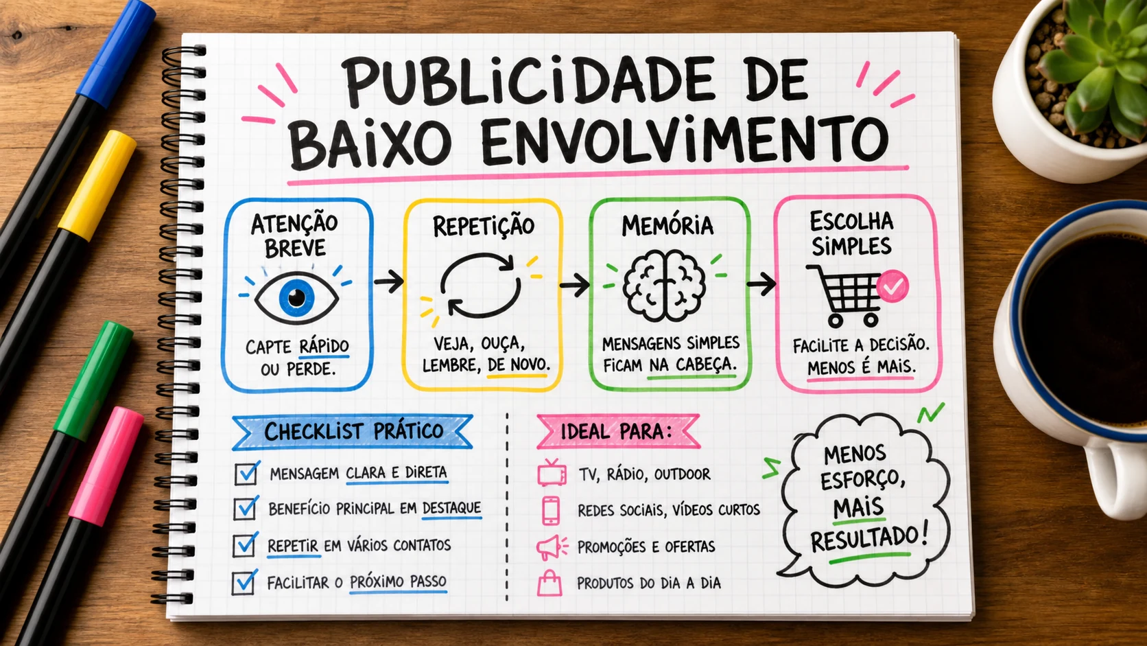 Low involvement advertising em uma cena editorial sobre decisão, mensagem e comportamento de compra.
