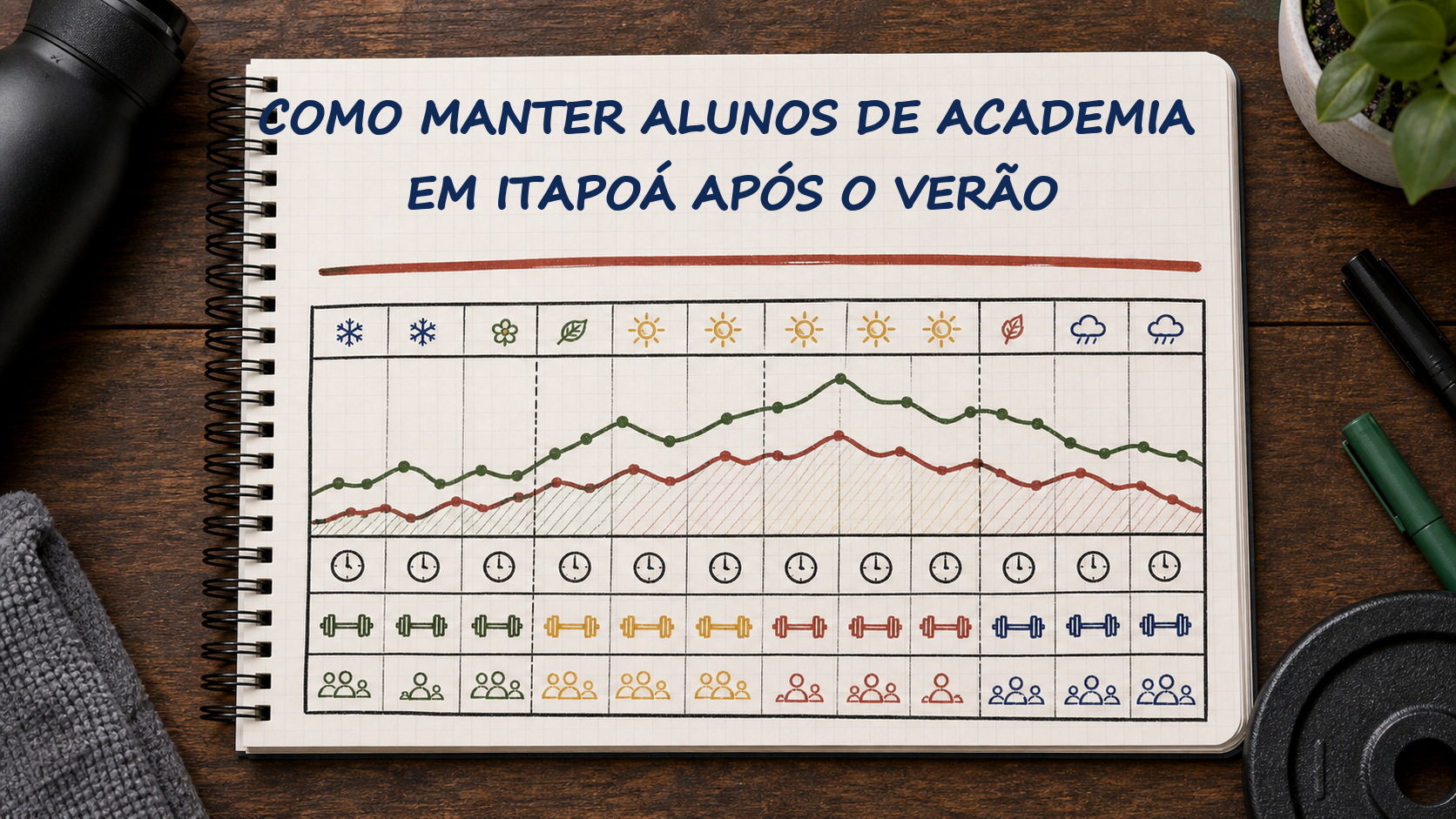 Caderno com guia visual sobre manter alunos academia Itapoá depois verão para gestores de academias