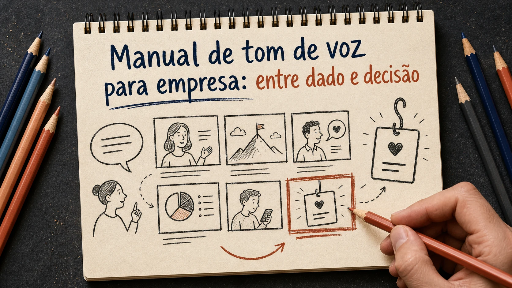 Manual de tom de voz para empresa em uma cena editorial sobre diagnóstico, escolha e próximos passos.