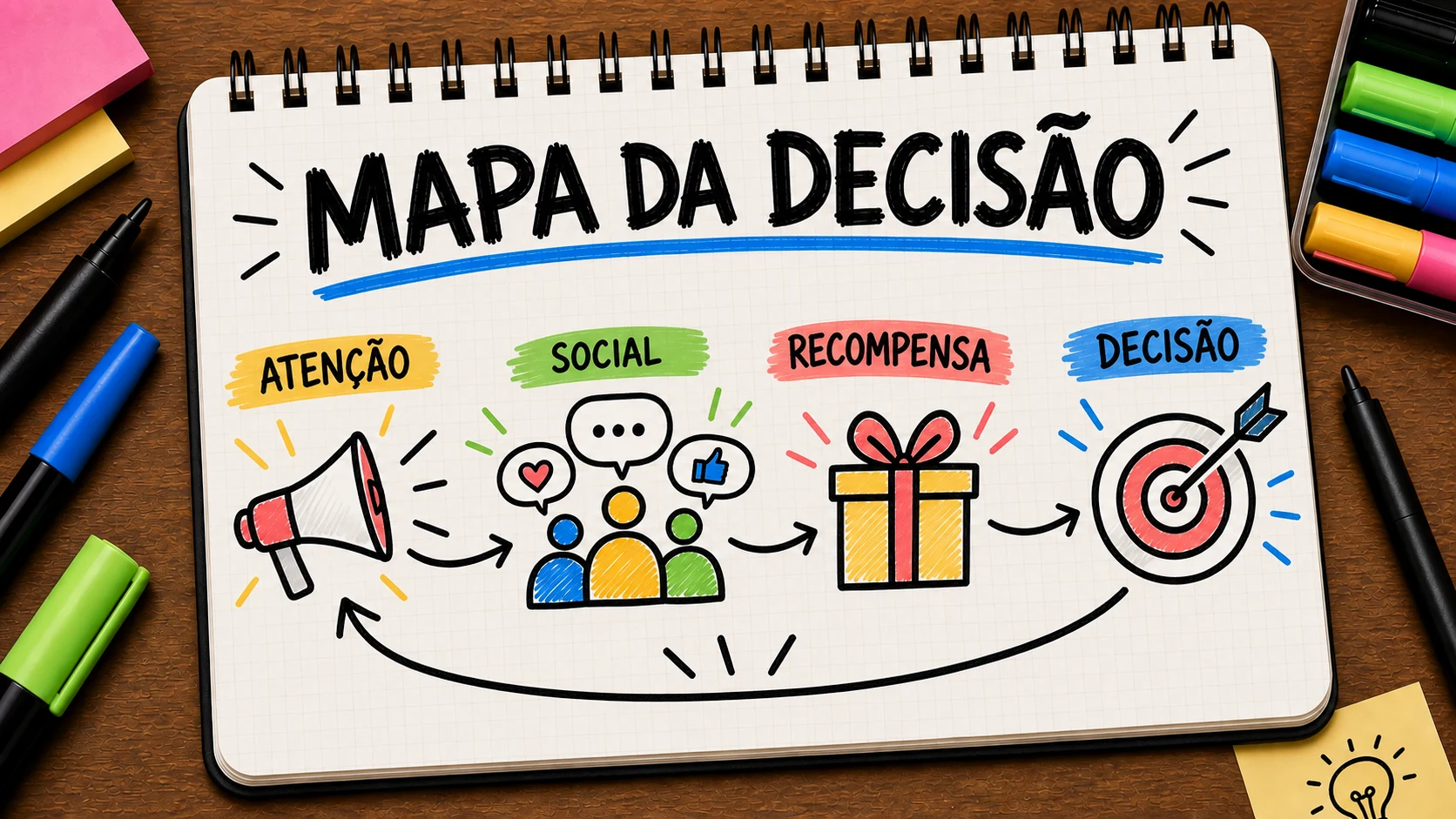 Mapa cognitivo do cliente conectando atenção, influência social, recompensa e decisão