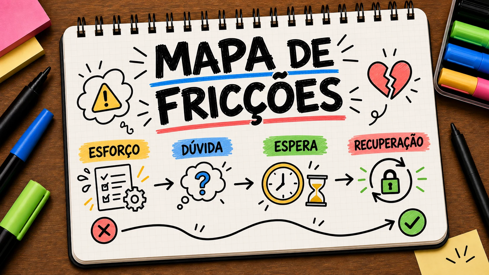 Mapa de fricções da experiência entre esforço, dúvida, espera e recuperação