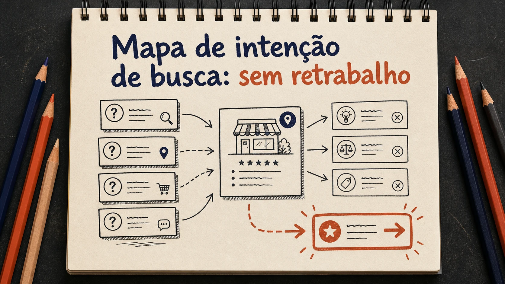 Mapa de intenção de busca em uma cena editorial sobre diagnóstico, escolha e próximos passos.