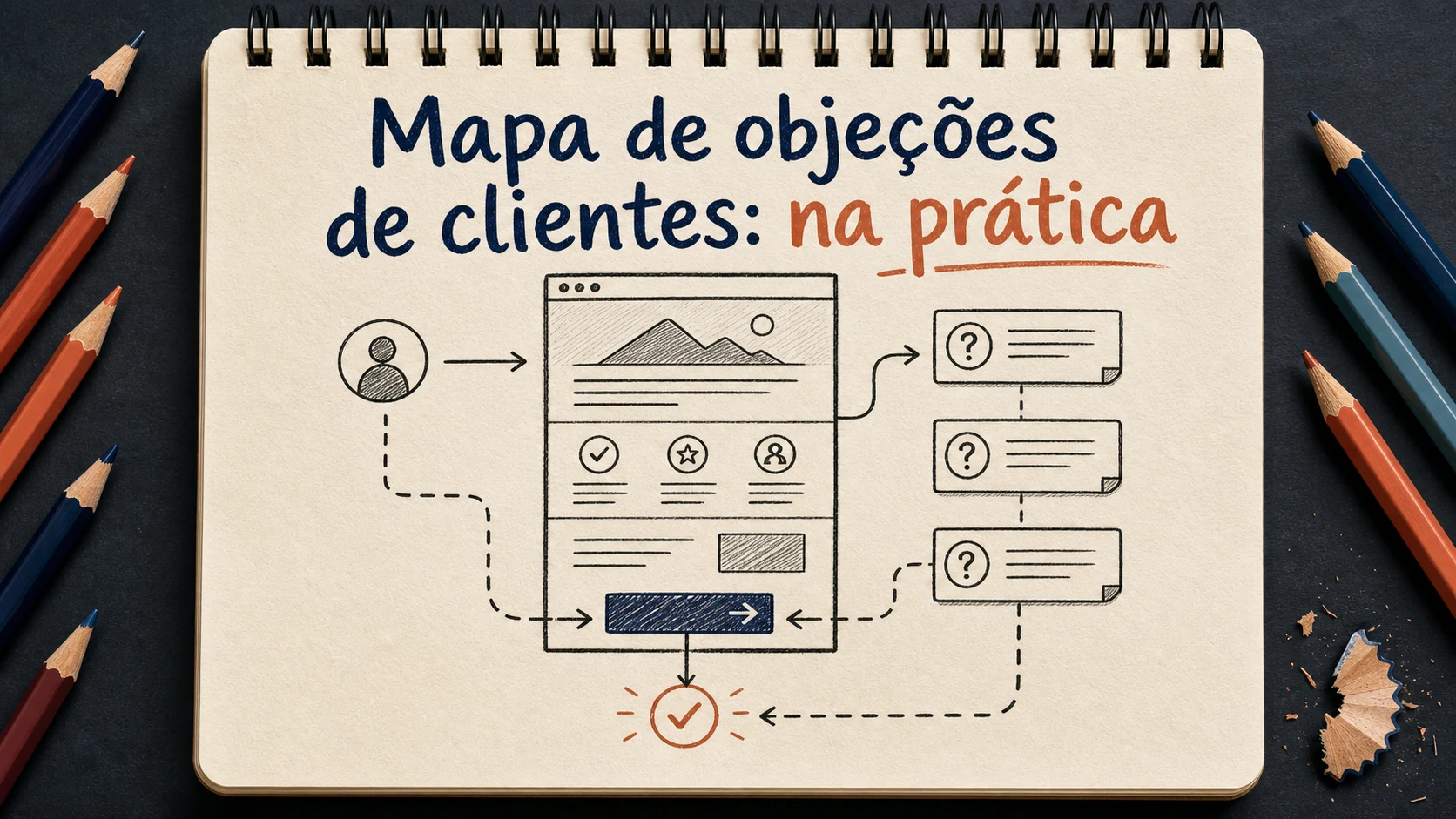 Mapa de objeções de clientes em uma cena editorial sobre diagnóstico, escolha e próximos passos.
