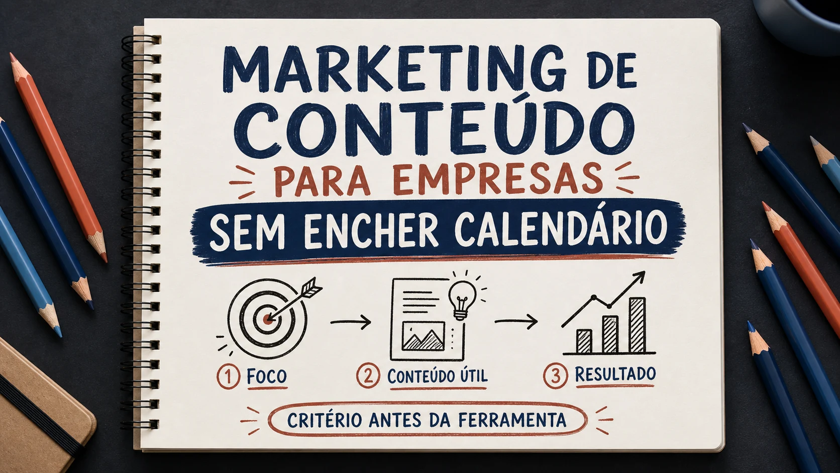 Marketing de conteúdo para empresas organizado em uma capa editorial com critérios, canais e próximos passos.