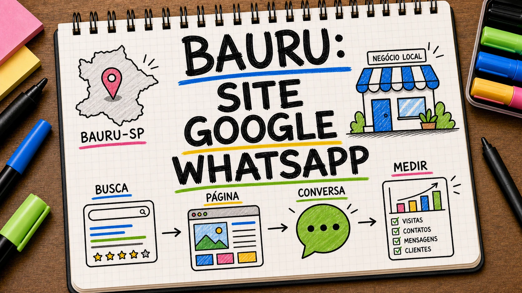 Caderno com mapa de Bauru, Google, site e WhatsApp no plano de marketing local